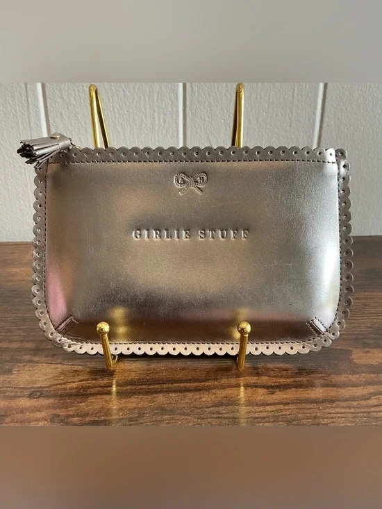 A Nice Leather Anya Hindmarch Silver Girlie Stuff Metallic Zipper Pouch Wallet