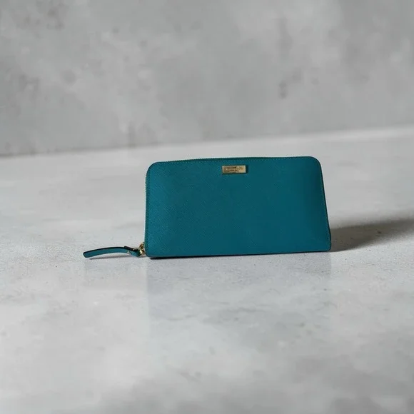 Kate Spade Newbury Lane Turquoise Zip‎ Around Leather Long Wallet~EUC