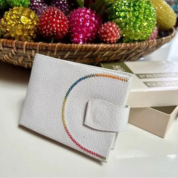 Vintage 1950s 1960s MCM Deadstock New in Box White Leather Rainbow Stitch Wallet