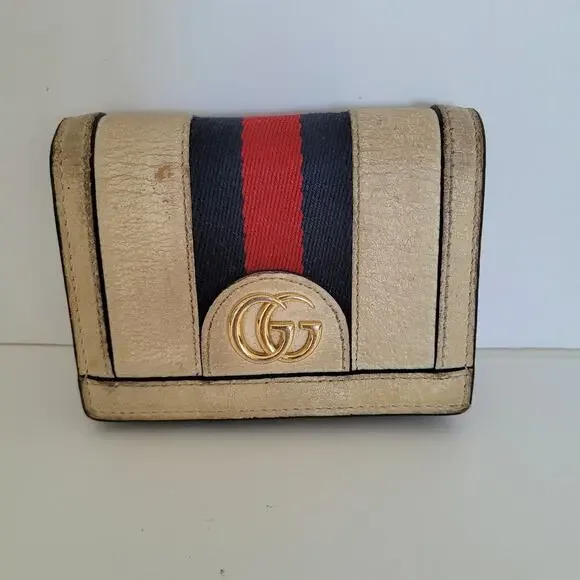 GUCCI Ophidia GG Web Stripe Bifold Wallet Cream Leather Gold-Tone Hardware Italy