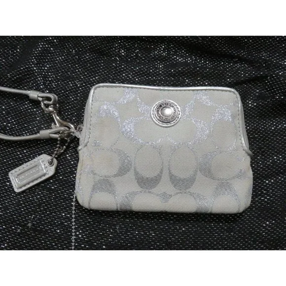 Coach Signature C Canvas & Leather Wristlet in Cream And Silver