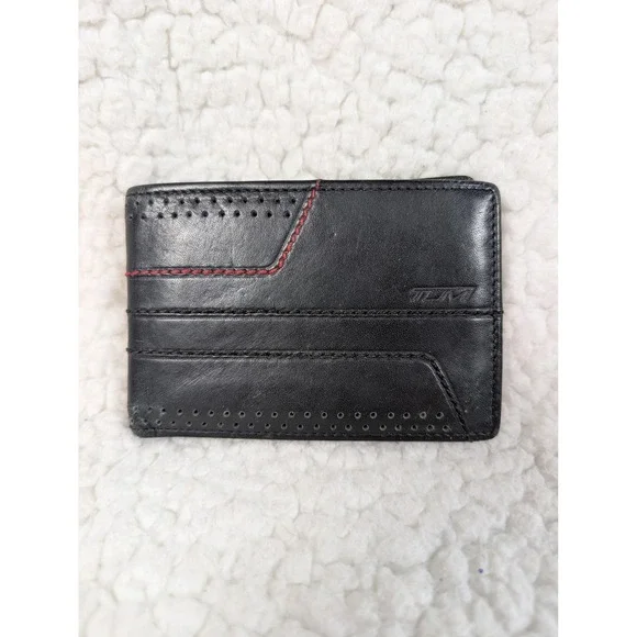 Tumi Mens Black Leather‎ Perforated Bifold Wallet Red Stitching Slim Billfold