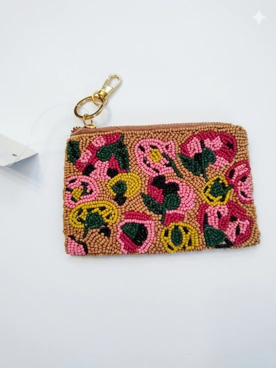 On 34th Beaded Floral Zip Coin Purse Keychain‎ - Pink & Tan Nwt