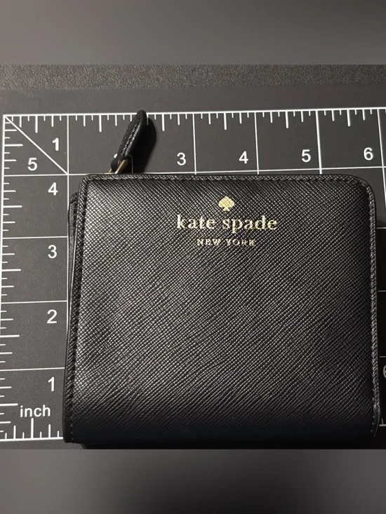 kate‎ spade black zip card wallet gold logo damage noted-id slot See PHOTOS