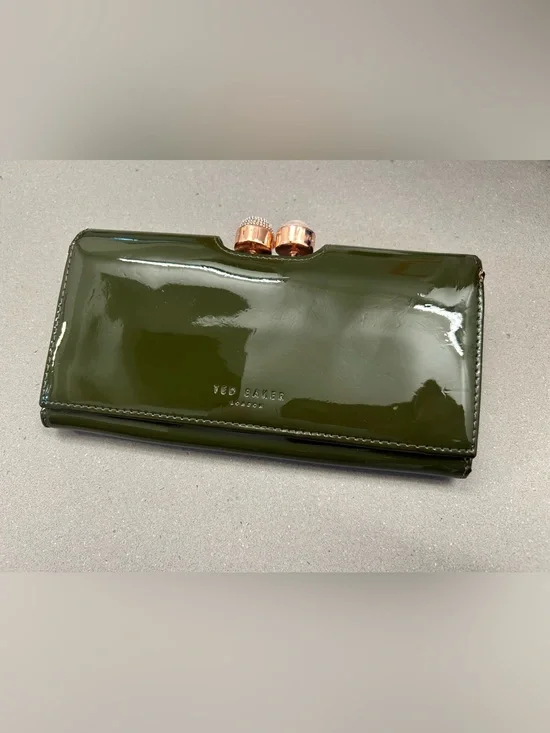 Ted Baker Olive Green Patent Clutch with crystal and pearl kiss lock