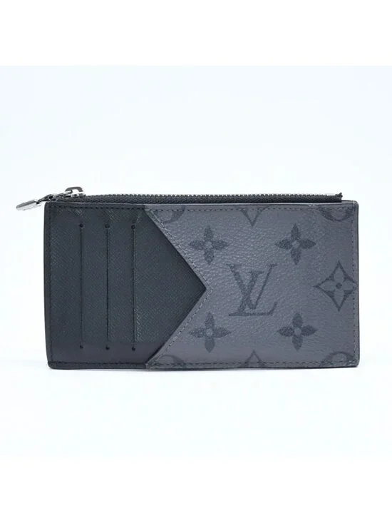 Louis Vuitton Taigarama Coin Purse Card Case Black Gray Silver