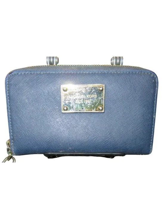 Michael Kors Blue Saffiano Leather Zip around wallet wristlet