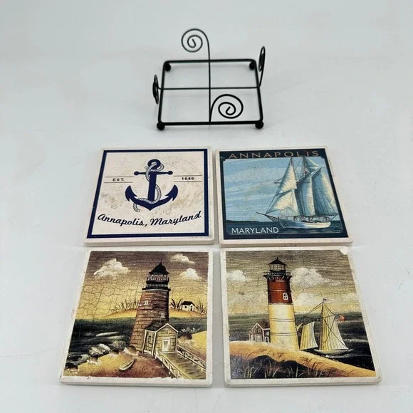 Annapolis Maryland Nautical Coaster Set of 4 Ceramic Lighthouse Sailboat Anchor