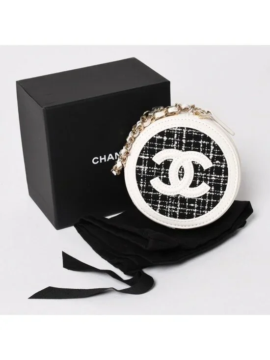 Chanel Round Chain Pouch CC Logo Stand Black White Tweed Leather Silver