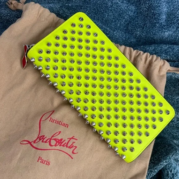 Christian Louboutin Neon Yellow Studded Zip Wallet