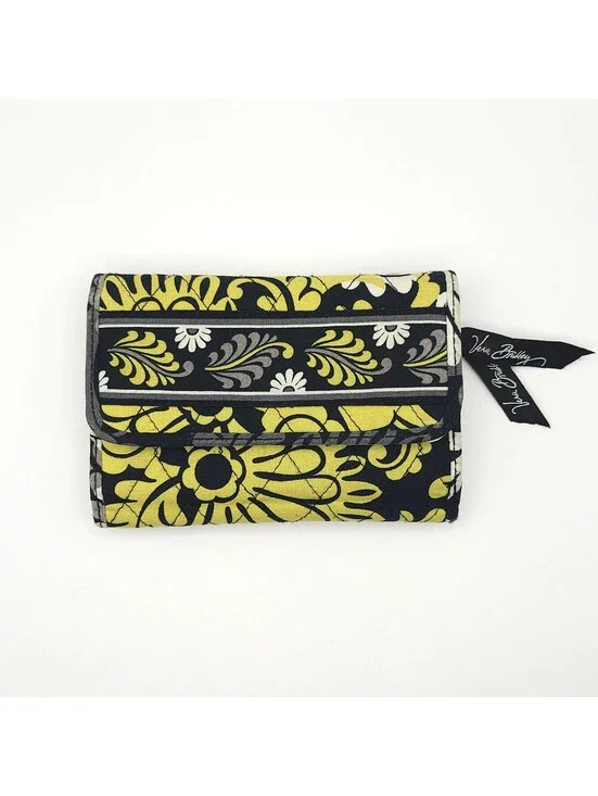 Vera Bradley Quilted Trifold Euro Retired Baroque Wallet Black Yellow Floral