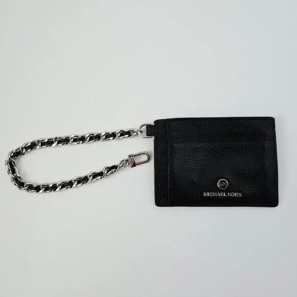 Michael Kors Black & Silver Jet Set Charm Small Leather ID Chain Card Holder