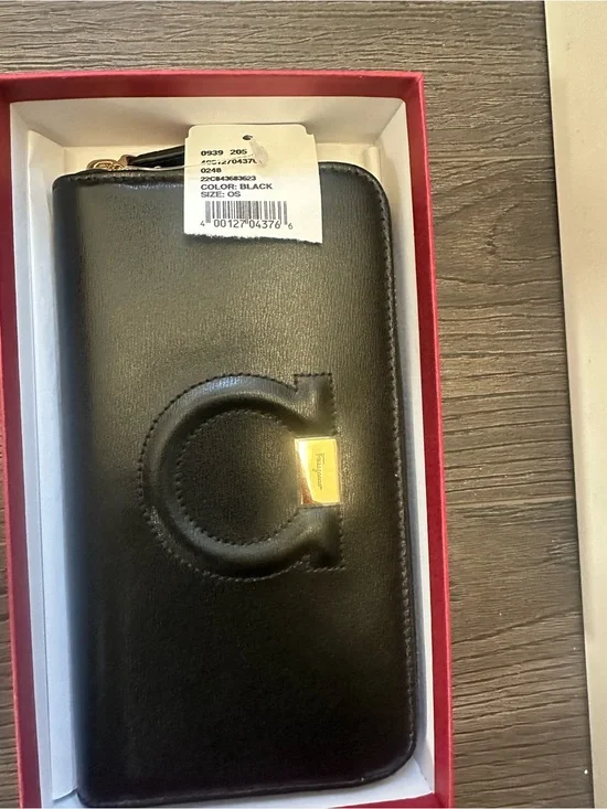 Salvatore Ferragamo Black Leather Zip Phone Wallet with Gold Logo Plaque