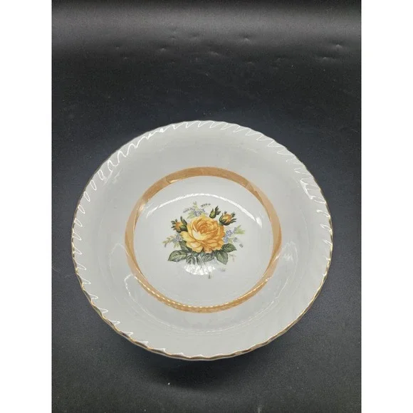 Porcelain Serving  Bowl Yellow Rose Gold Trim Made In Japan Collectible 9