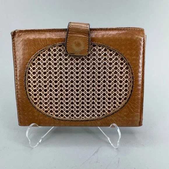 Princess Gardner Bifold Wallet Tan Leather Vintage Woven Kiss Lock