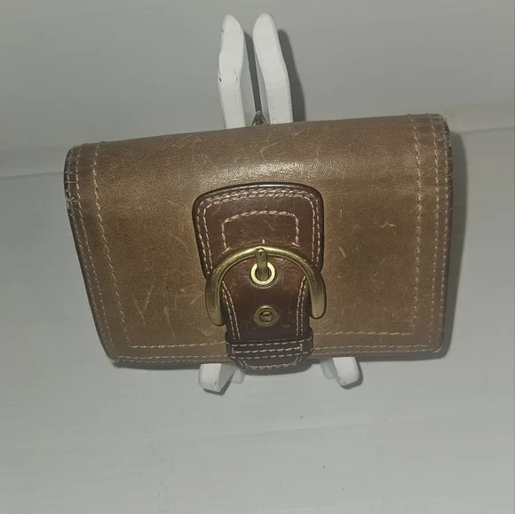Vintage Coach Brown Leather Stitched Buckle Trifold Square Wallet Y2K Classic