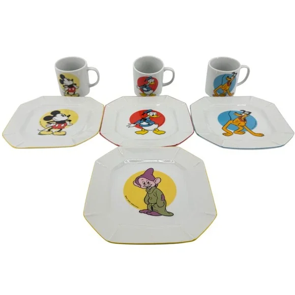 Walt Disney Productions 1970s Plate Mug Set 7pc White‎ Mickey Donald Pluto Dopey