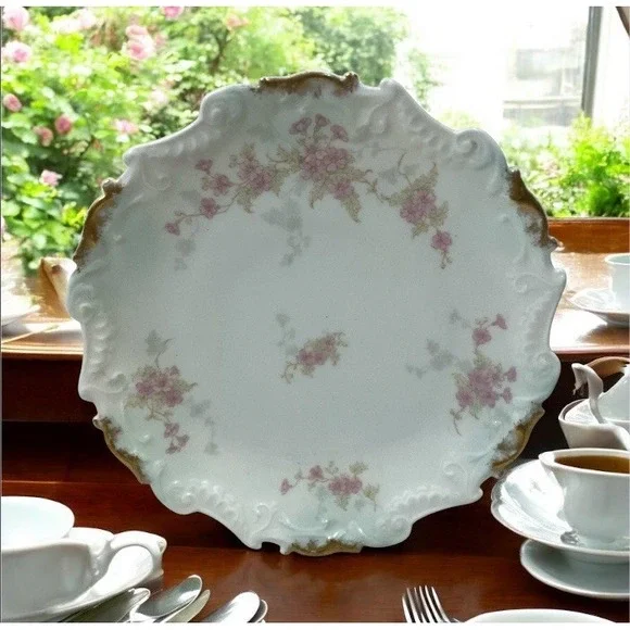 Antique P & B Limoges France Porcelain Plate Pink Floral Gold Scalloped 8.5