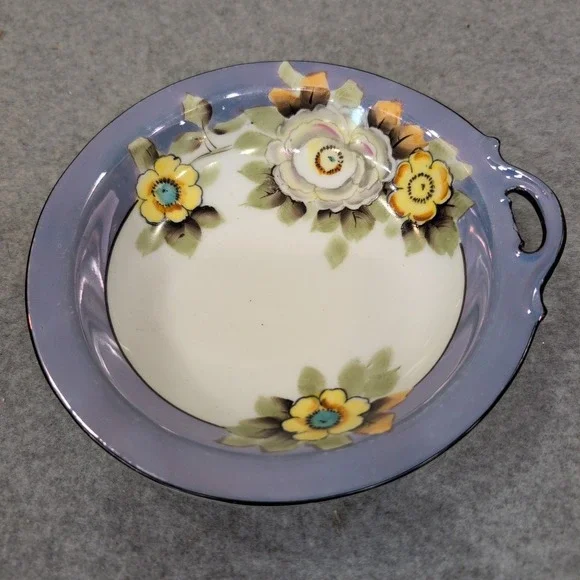 Vtg Noritake Hand Painted Floral Porcelain Nut Bowl Lavender Luster‎ Rim Japan