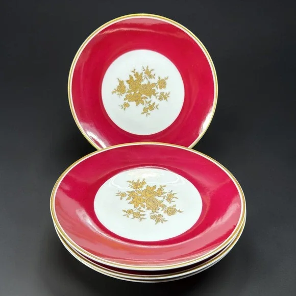 Lichte Fine China Riga Salad Plates Set 4 Red Gold Floral Germany 7 inch Vintage