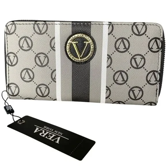 Vera Signature Womens Zip Around Wallet Black Gray New