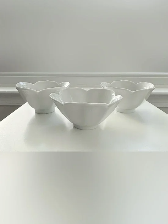 Scalloped White Ceramic Serving Bowls - Set of 3