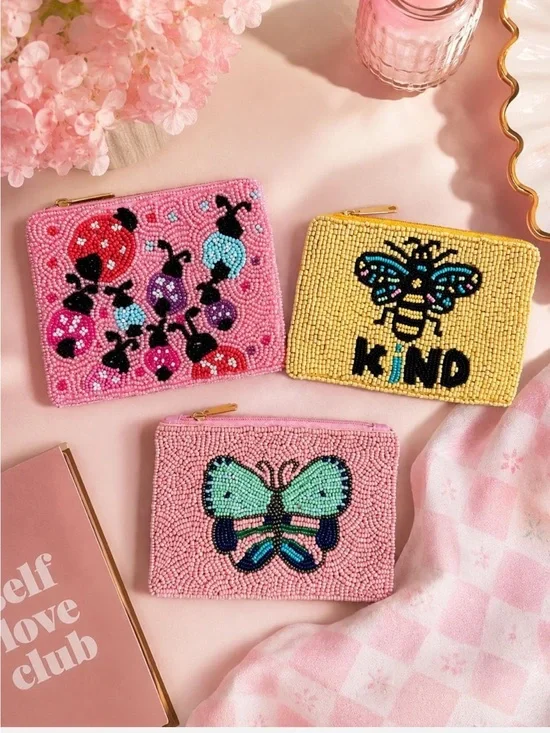 🦋Beaded Butterfly, ladybug & Bee Coin Pouches- Pink & Yellow