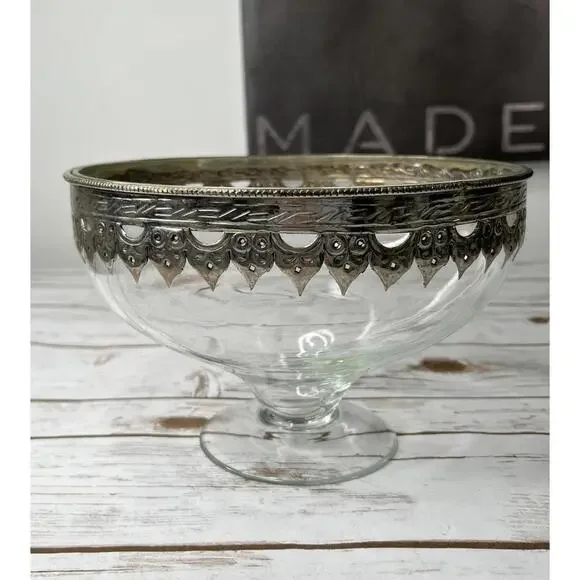 Vintage Glass Pedestal‎ Bowl with Intricate Silver Rim