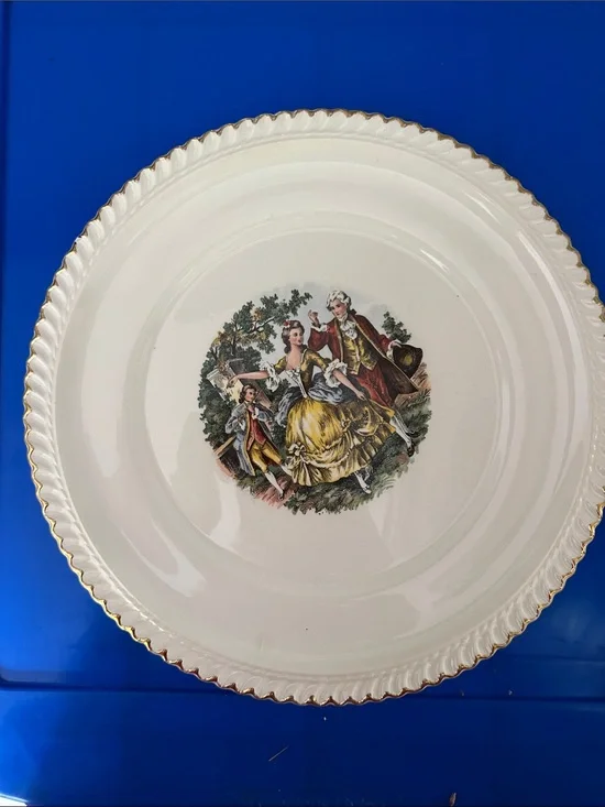 Decorative White Porcelain Serving Plate with Gold Rim and Vintage Scene
