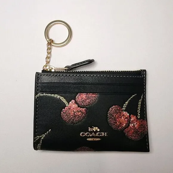 NWT COACH CDF83 Mini Skinny Id Case With Cherry Print Smooth Leather Black Multi