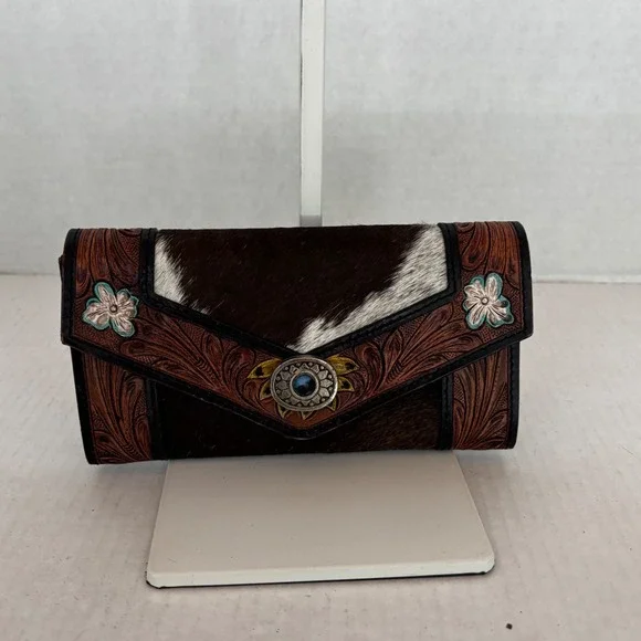 Tooled Leather Wallet Womens Brown Cowhide‎ Sunflower Western Concho New