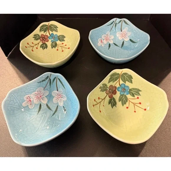Floral Cherry Blossoms Rice Dipping Bowls Bowl Blue Green‎ Set of 4 Asian Style