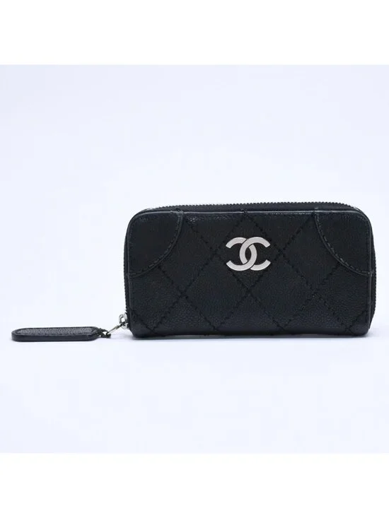 Chanel Leather Wallet Card Case CC Logo Wild Stitch Caviar Black Silver