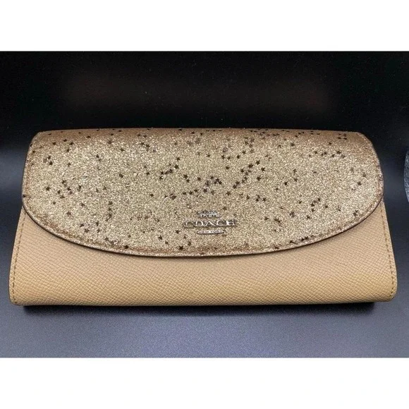 Coach Beige Cream Gold Glitter Star Tan Leather Accordion Wallet Clutch Envelope