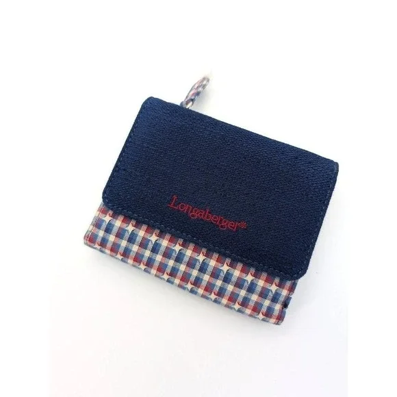 Longaberger Homestead Tri Fold Wallet Removable ID Fabric Country Plaid Blue NEW