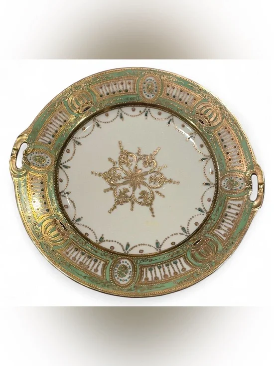 Antique Nippon Hand Painted Moriage Porcelain Handled Serving Plate Tray Dish