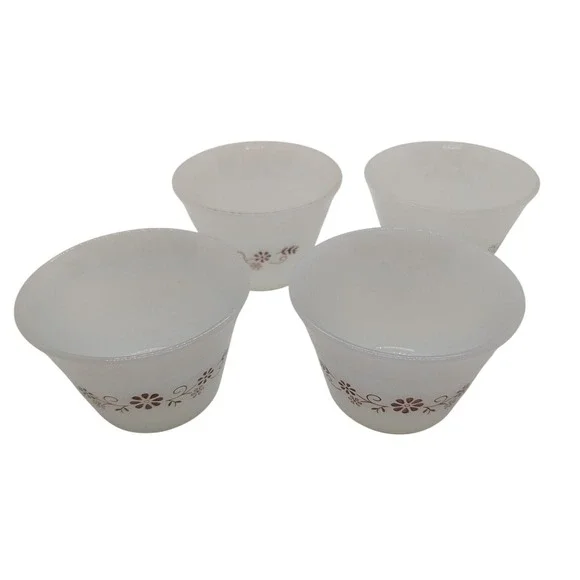 Dynaware Pyr-O-Rey Milk Glass Custard Cups Ramekins Floral Set‎ of 4 Vintage