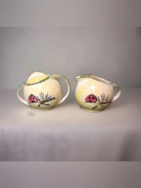Blue RIdge Southern Potteries Sugar and Creamer Set Red Barn with Sunrise