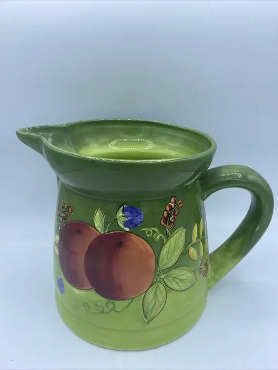 LAURIE GATES Ware Glazed Ceramic PITCHER Green with Fruit Country Farmhouse