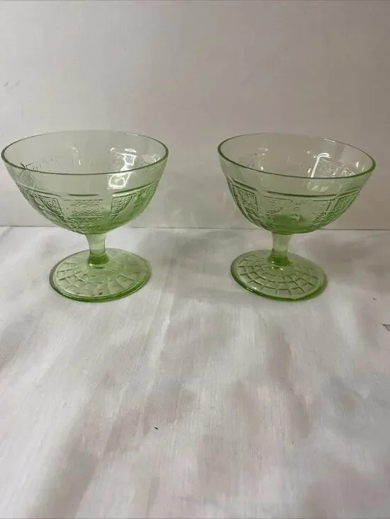 2 Anchor Hocking Green Princess Pattern Uranium Depression 4 oz. Sherbet