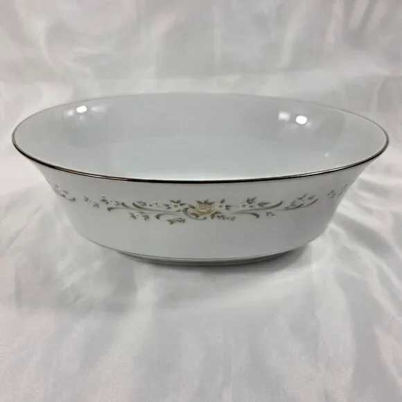 Sango Debutante 9 Inch Oval Serving Bowl White with Flowers and Scrolls