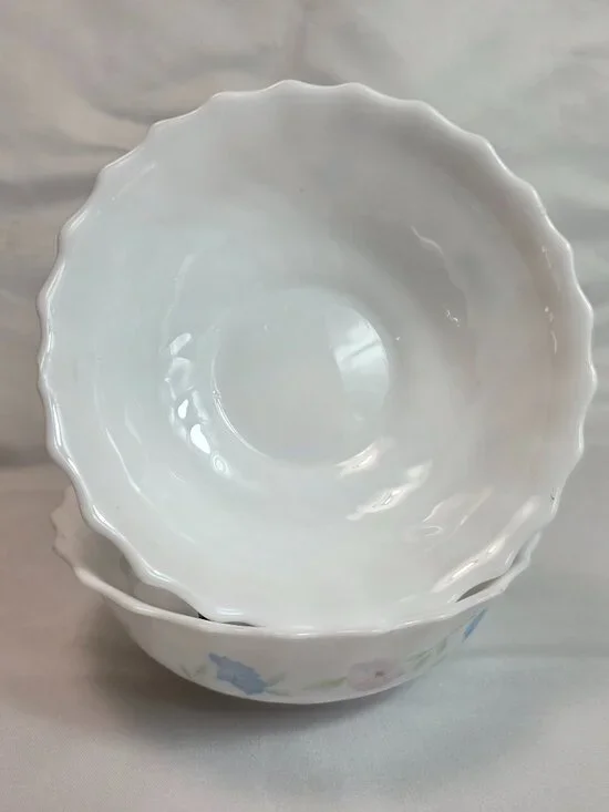 TWO Arcopal France Chloe Cereal Bowls White with Pink & Blue Flowers Scalloped