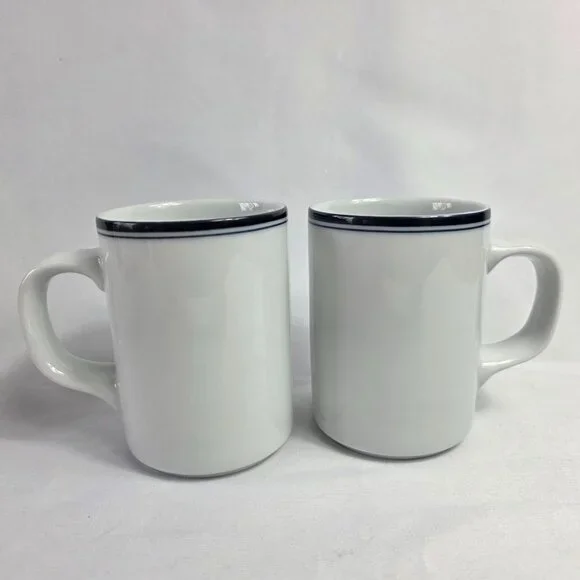 TWO Dansk Allegro Blue Mugs White with Two Blue Bands on Rim