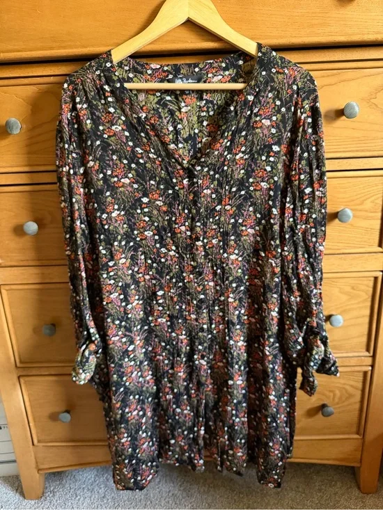 Ulla Popken Womens Floral Dress Size 16/18 Black Fall Boho Whimsigoth Dark Fairy