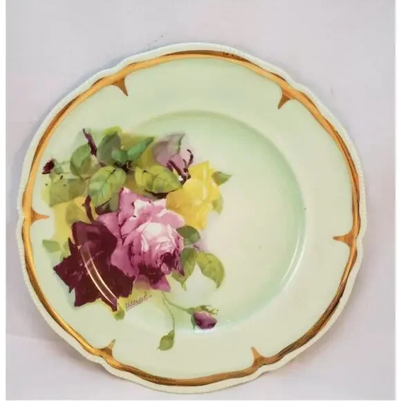 Vtg Porzellan Imperial Set of 2 Dinner Plates Mint green‎ Pink Roses by Ullrich