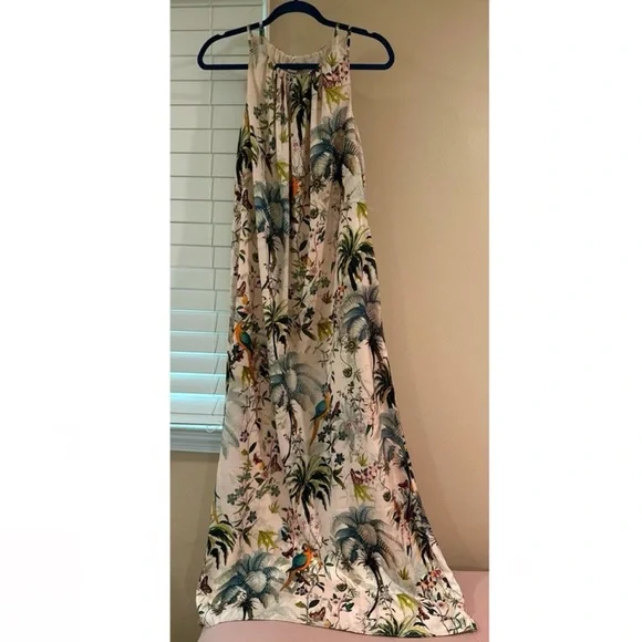H&M Tropical Beige Green Satin Maxi Dress Halter Neck Size 2 XS/S