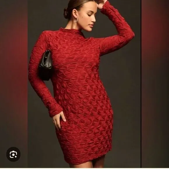 Anthropology Maeve Burgundy, Long Sleeve Scrunch Textured Dress
