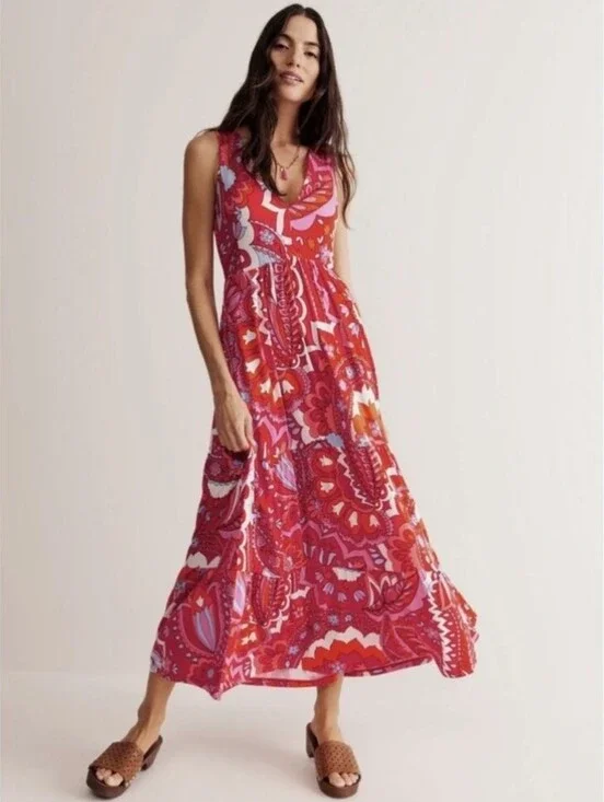 Boden Pink & Red Paisley Maxi Dress Size 8R