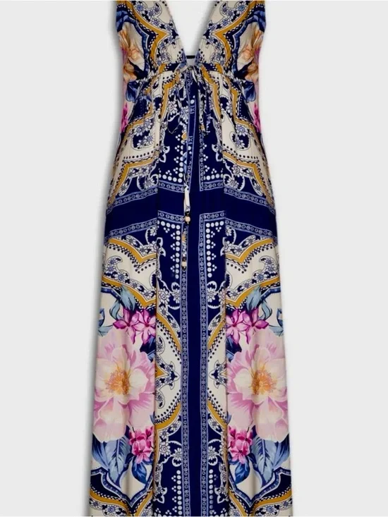 FARM Rio Navy, Pink & Gold Floral V‑Neck Maxi Dress