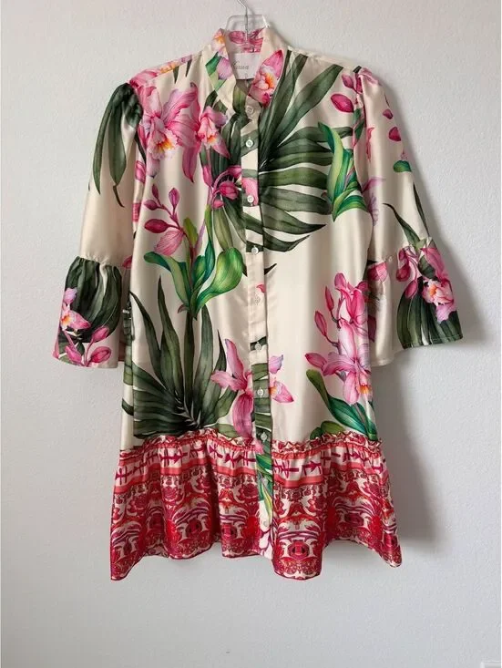 KASIA NWT Bell 3/4 Sleeve Button Up Floral Satin Tiered Mini Dress Size S